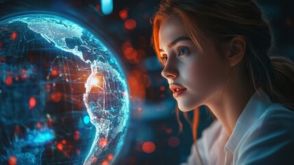Global Connection: A woman gazes intently at a glowing, futuristic digital globe, symbolizing the interconnectedness of our world, technological advancement, and the boundless possibilities that lie a
