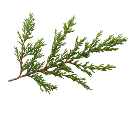 A close-up, realistic illustration of a cedar tree branch with detailed green foliage, thin needles, and brown stems, isolated against a white background in PNG format