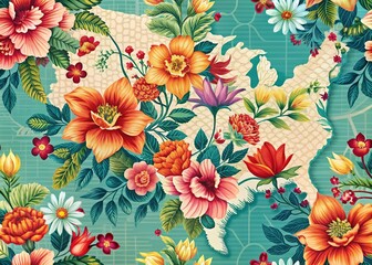 A vibrant Incarvillea map, featuring retro-chic patterns of bold colors and geometric shapes, a mesmerizing blend of modern and vintage beauty.