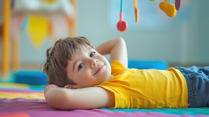 Obraz premium Curious Preschool Boy Exploring with Wonder on Colorful Mat under Hanging Mobile