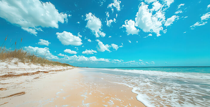 Pristine sandy beach with turquoise waters and rolling waves under a vibrant blue sky dotted with fluffy white clouds on a sunny day