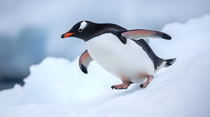 Fototapeta premium Penguin Swimming in Icy Antarctic Waters Against Snowy Backdrop