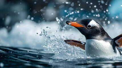 Fototapeta premium Energetic Penguin Splashing in Icy Arctic Waters