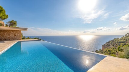 Fototapeta premium A luxury villa in Mallorca with an infinity pool, offering panoramic views of the Mediterranean Sea, with the modern architecture shining under the sun.