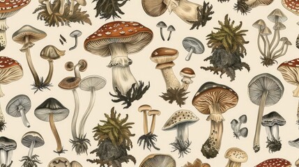 An intricate pattern of hand-drawn botanical illustrations depicting various species of mushrooms and mosses in a muted, earthy palette.