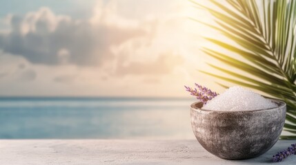 Obraz premium A tranquil scene featuring a bowl of salt with lavender against a serene beach backdrop, capturing peace and relaxation.