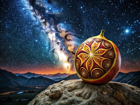 A vibrant streetwear-inspired cave painting capturing the essence of a Keule Fruit, set against a whimsical marble background with swirling patterns and celestial energy.