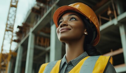 Black woman wearing a construction helmet and vest, smiling at something in the distance