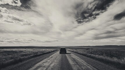 A Single Car Drives on a Gravel Road Through Open Country