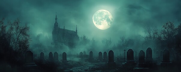 Full moon rising above a haunted graveyard, glowing tombstones, eerie mist, dark and foreboding ambiance, high detail, chilling and gothic