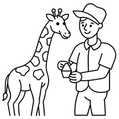 Naklejka premium Line art of a friendly zookeeper feeding a giraffe at the zoo.