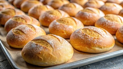 Realistic stock photo of a pile of freshly baked round bread rolls on a rustic baking sheet, golden brown with a soft and smooth surface, simple wooden table background