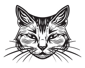 Obraz premium Cat Face Illustration in Black and White Vintage Woodcut Style Vector Drawing