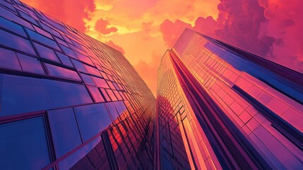 Two Skyscrapers Reflecting Sunset Clouds
