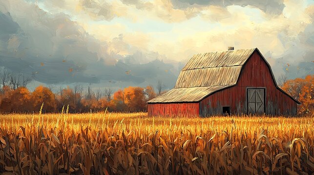 A red barn stands in a field of golden corn, under a dramatic sky.