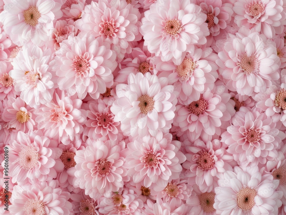 Poster Aerial View of Symmetrical Pastel Pink Flowers in Intricate Geometric Pattern with Soft Diffused Lighting Highlighting Textured Petals
