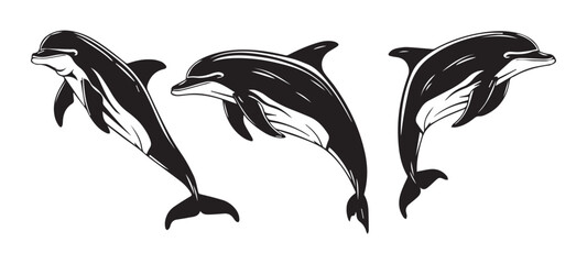 Naklejka premium Dolphins in Black and White Vintage Woodcut Style Vector Illustration Set