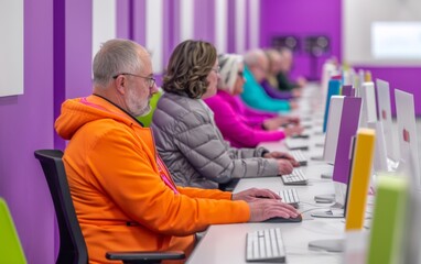 Middle-Aged and Senior Adults Engaged in Professional Development Workshop in Modern Computer Lab, Daytime Learning Atmosphere, Focus on Lifelong Learning and Career Growth