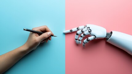 An image that has a split screen - One side with a person's hand holding a pen to paper (authentic content creation), and the other side, an AI in the form of a robot or computer generating content. 