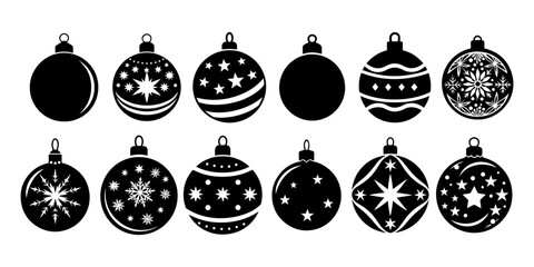 Set of winter silhouettes in black, outline. Christmas tree toys, balls.