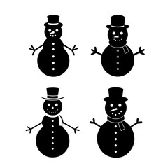 Set of winter silhouettes in black, outline. Snowman in a cylinder.