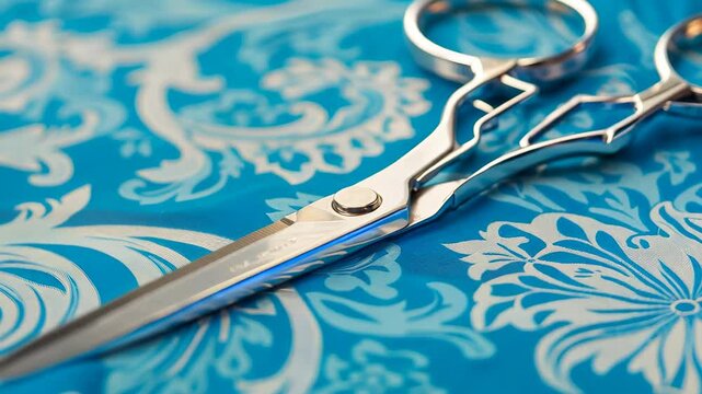 A close-up of sleek stainless steel scissors on elegant blue patterned fabric. vibrant background contrasts beautifully with the sharp blades, perfect for creative projects.