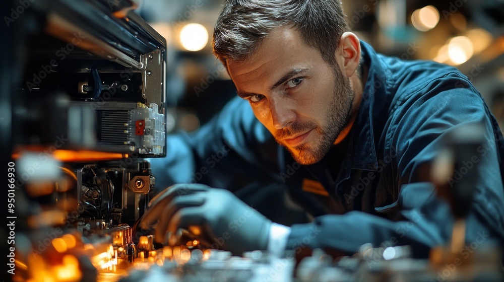 Poster a man is working on a machine with his hands in his pockets