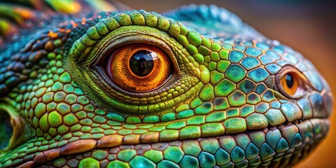 Fototapeta premium Close up of an iguana's eye reflecting light in vibrant colors, reptile, lizard, eye, scale, close up, wildlife, exotic, colorful