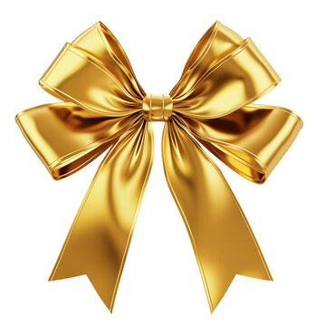 Highly realistic 3D render of a golden metallic bow with shiny ribbons, intricate folds, and hyperrealistic textures, isolated on a transparent background, PNG format with detailed reflections