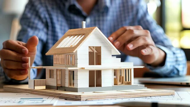 A close-up of a detailed architectural model of a house, with a person gesturing over it. workspace includes blueprints and tools, creating an inviting atmosphere for design discussions.