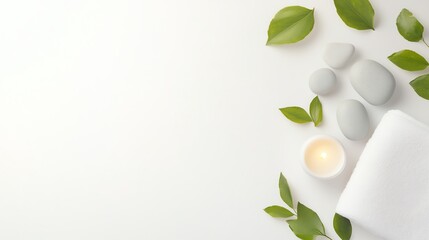 Relaxing spa arrangement with stones, greenery, candle, and towel, promoting wellness and tranquility.