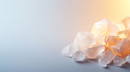 A beautiful arrangement of transparent crystals reflecting light, perfect for backgrounds and design projects.