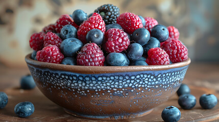 Colorful berry mix in a ceramic bow