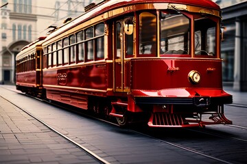 Naklejka premium classic red tram a vintage red tram with polished brass details