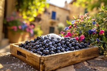 Freshly harvested blueberries piled on a wooden tray with sprinkled sugar, surrounded by vibrant flowers in a sunlit garden