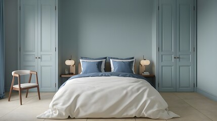 Obraz premium A modern bedroom with a French country interior design. There is a bed with blue pillows and a white duvet. The walls are painted in a soft blue shade.