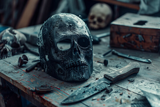 Smasher Mask Copy Space on Table with Tools of Psychopathic Killer for Halloween Horror Atmospheres and Creepy Themes