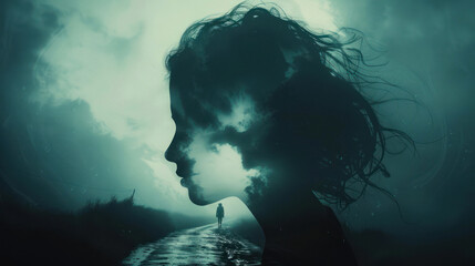 Fototapeta premium Female Silhouette with Wind-Swept Hair in Foggy Scene