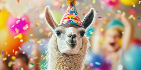 Festive cute birthday llama on bright colorful background with birthday hat and funny look