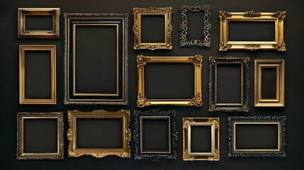 A collection of gold frames in various sizes and designs, arranged artistically against a dark background, creating a contrast that accentuates their shine.
