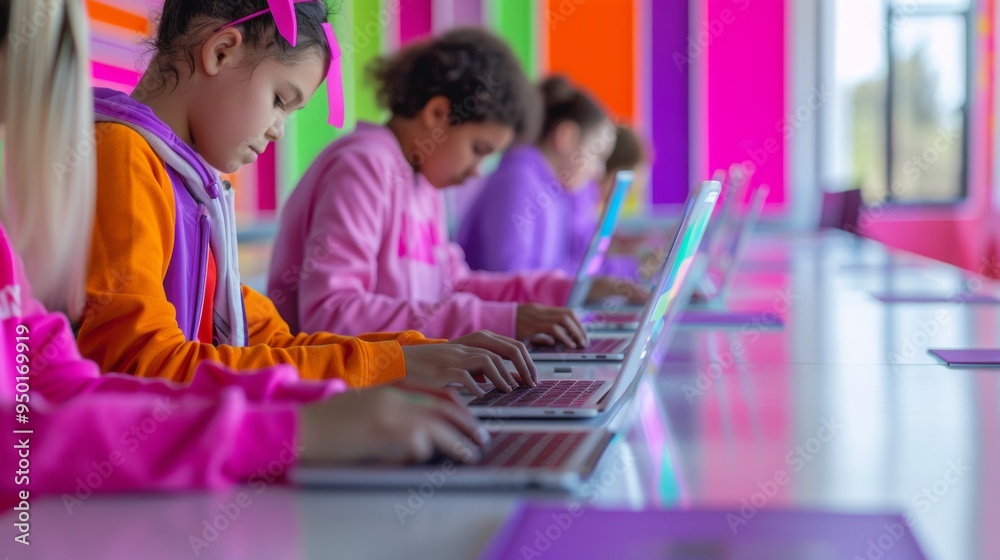 Poster middle school students coding in technologically advanced classroom – teamwork, collaboration, and m