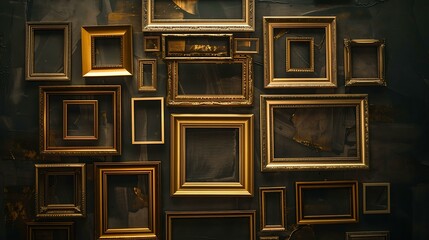 A collection of gold frames in various sizes and designs, arranged artistically against a dark background, creating a contrast that accentuates their shine.