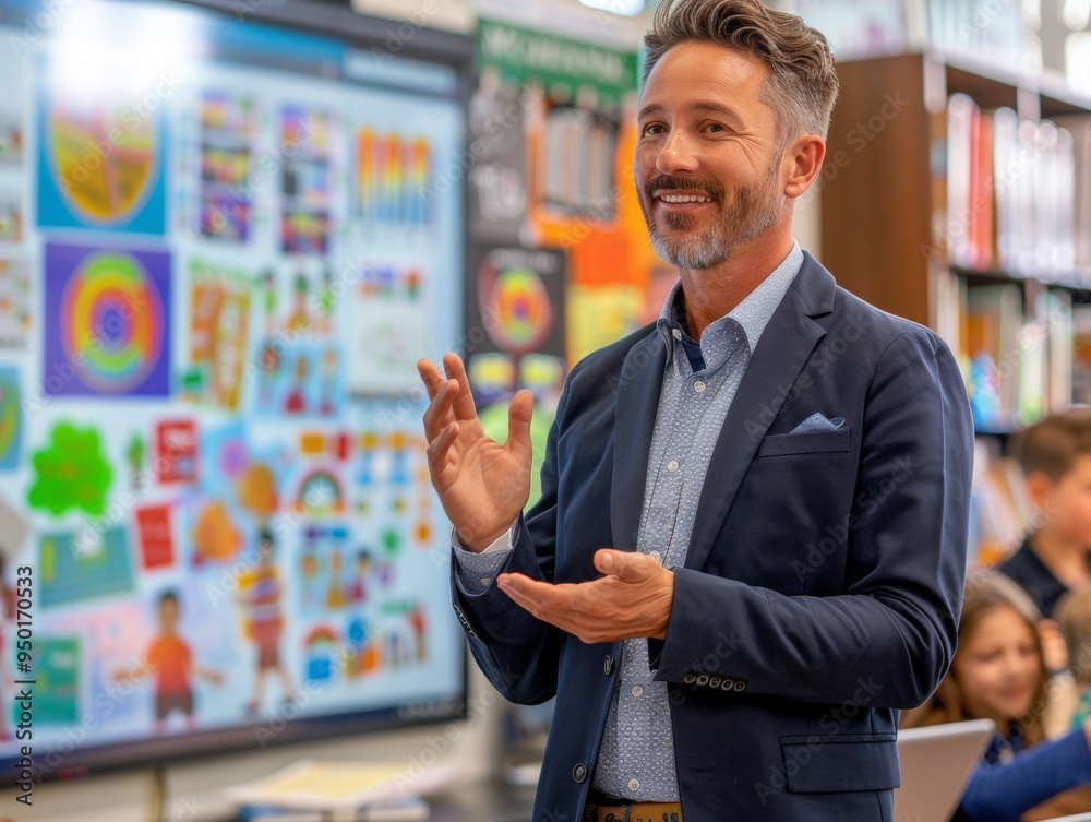 Poster modern male teacher leading interactive lesson with diverse students using technology in a bright cl