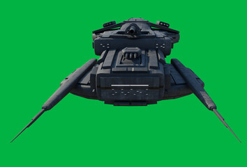 Medium Space Ship with Heavy Weapons on a Green Screen Background - Front View, 3d digitally rendered science fiction illustration