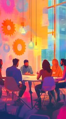 Illustration of diverse people sitting around a table, working together on a project with gears and abstract shapes in the background representing innovation, a business team work concept
