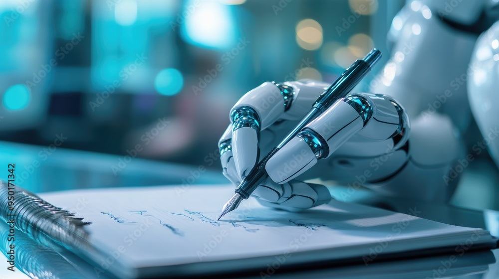 Poster ai bot with a pen in hand, writing answers on a notebook, illustrating the concept of generating hum