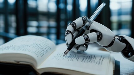 Fototapeta premium AI bot with a pen in hand, writing answers on a notebook, illustrating the concept of generating human-like responses.