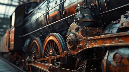 Fototapeta premium Rusty Steam Locomotive Close-up of Wheels and Mechanism