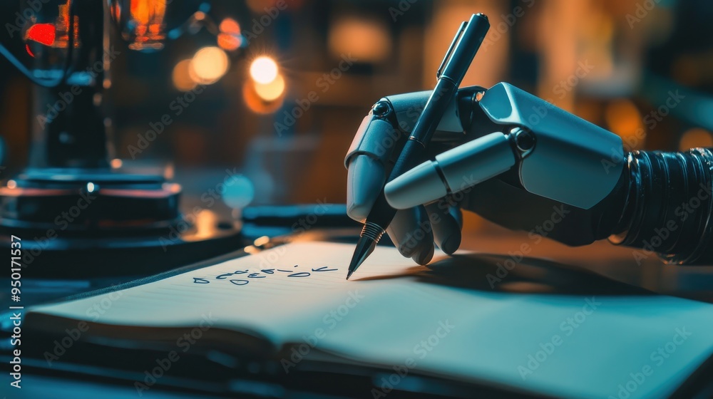 Poster ai bot with a pen in hand, writing answers on a notebook, illustrating the concept of generating hum