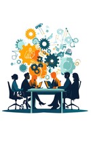 Illustration of diverse people sitting around a table, working together on a project with gears and abstract shapes in the background representing innovation, a business team work concept